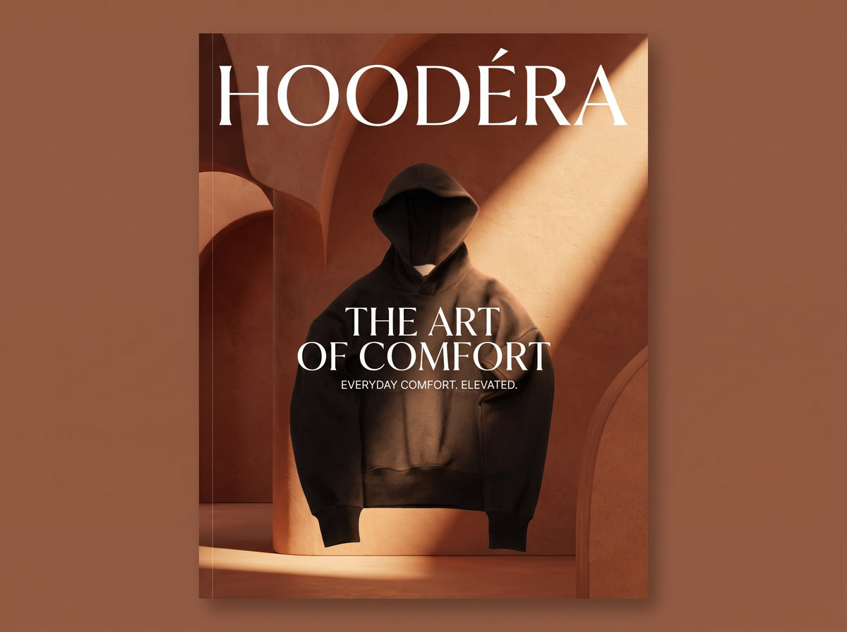 Black HOODÉRA hoodie in a warm terracotta arch. The Art of Comfort.