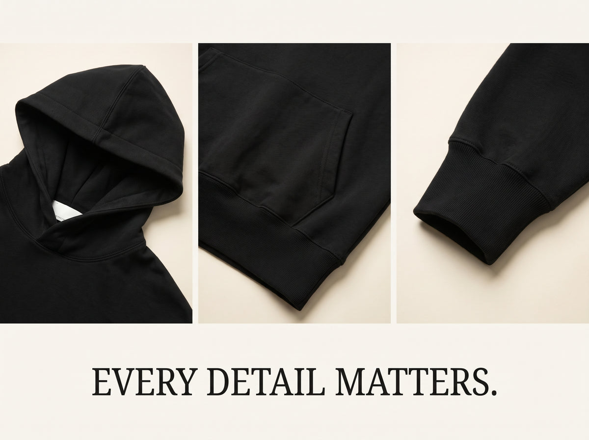 Black hoodie hood, kangaroo pocket and ribbed cuff detail collage.