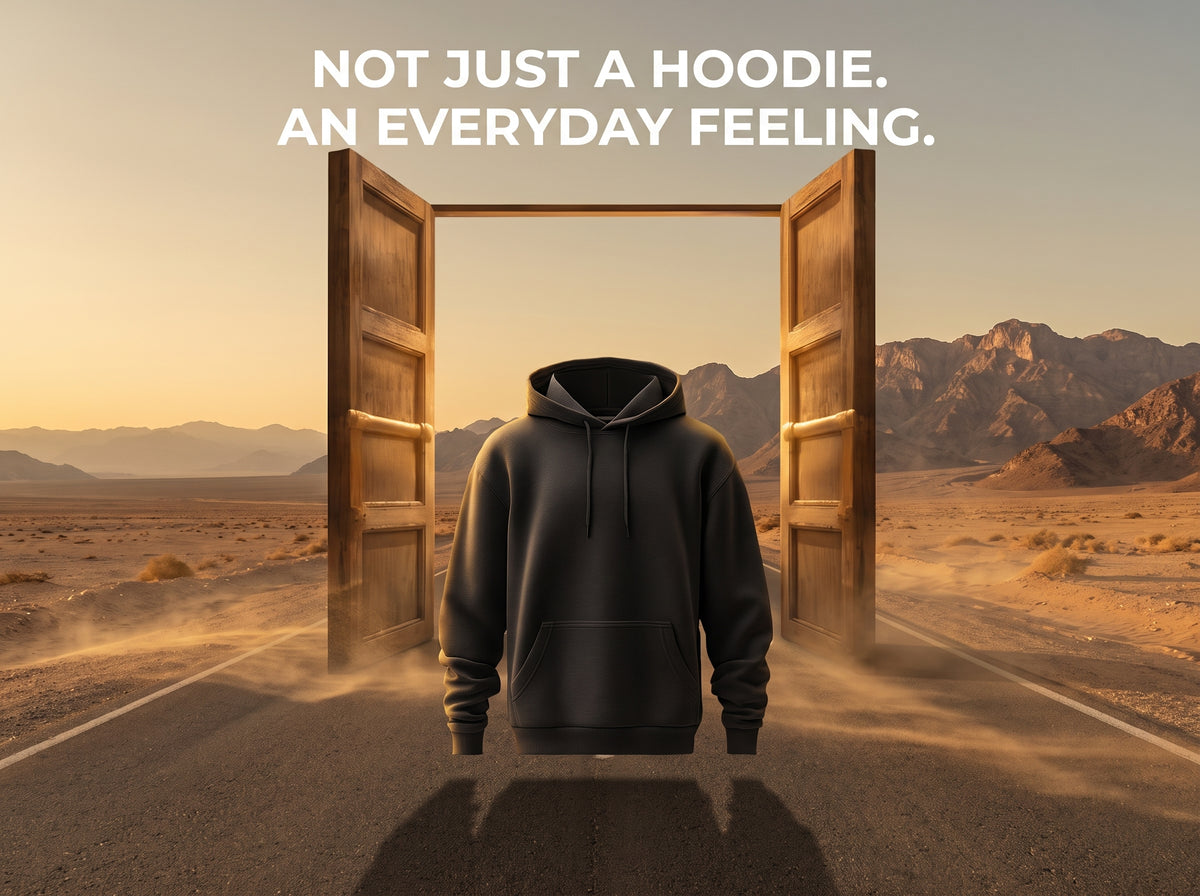 Black hoodie framed by open doors in a desert landscape.